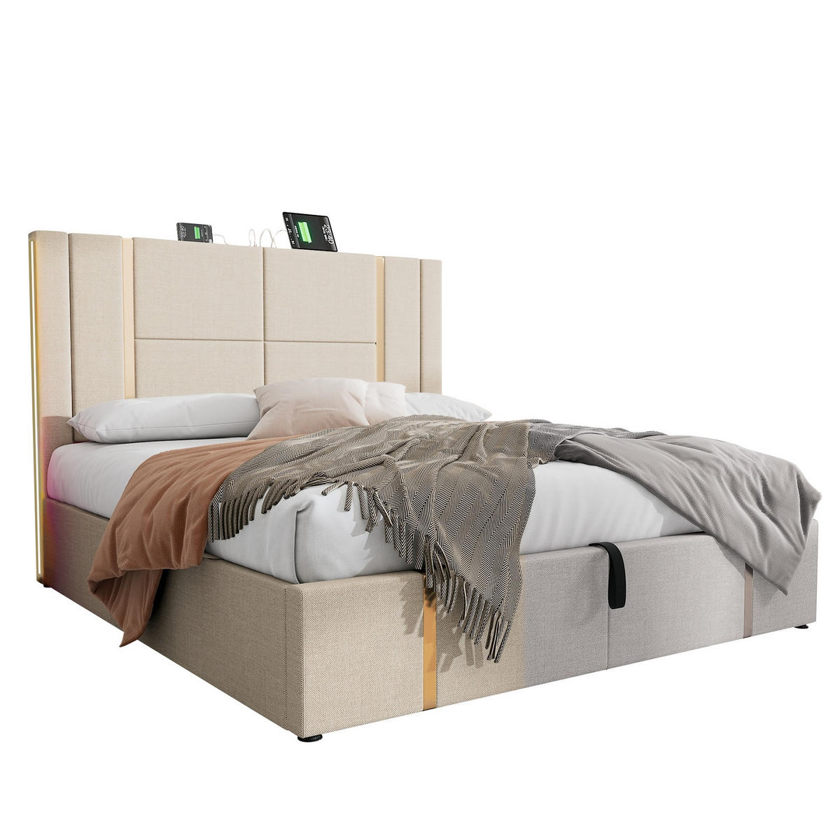 POLSTERBETT 160/200 cm Beige mit USB- und Type-C-Anschlüssen und LED-Beleuchtung - Beige, Textil (160/200cm) - OKWISH