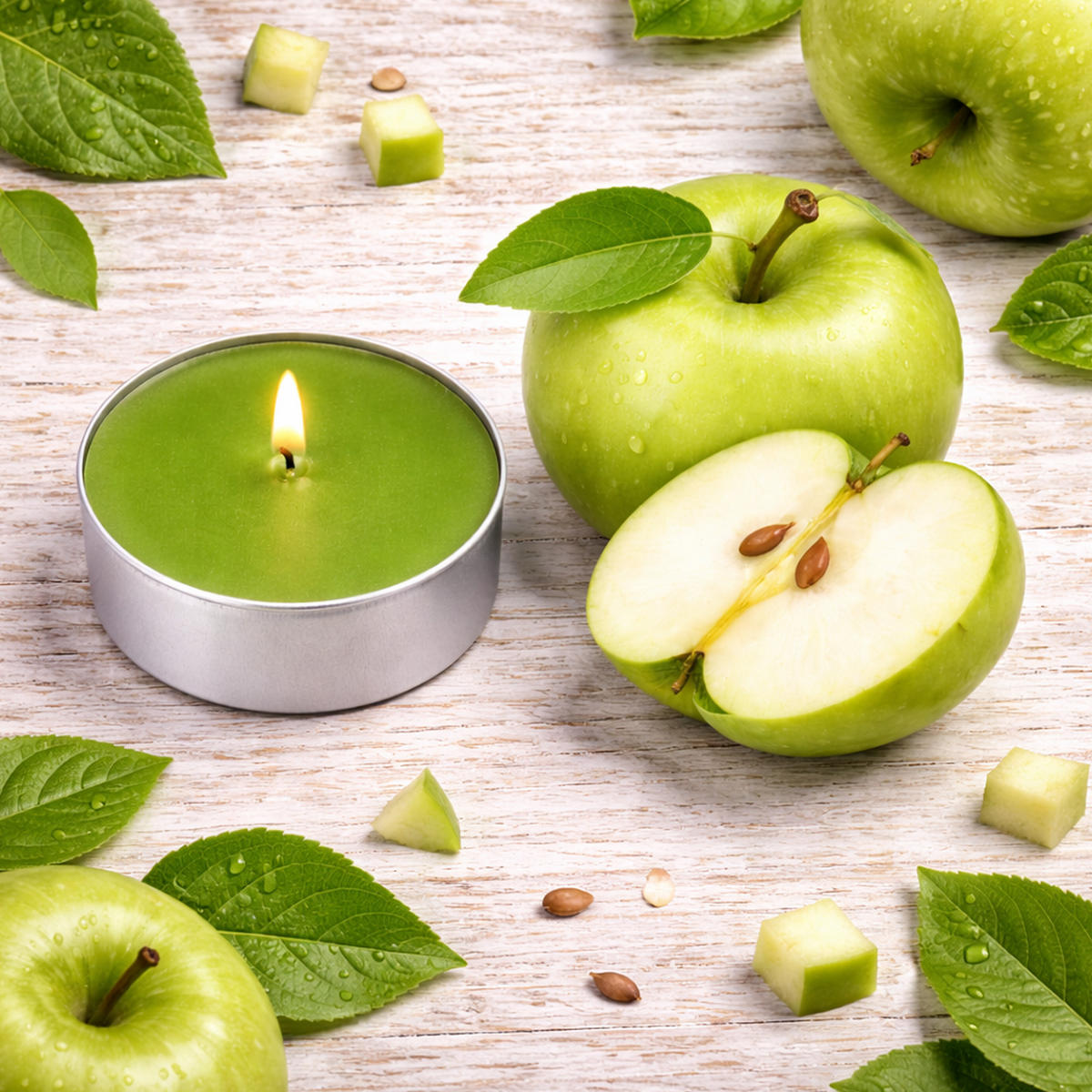 TEELICHT mit Duft - Apfel - 54er Pack - Grün, Naturmaterialien (4/1.5/4cm) - HS Candle