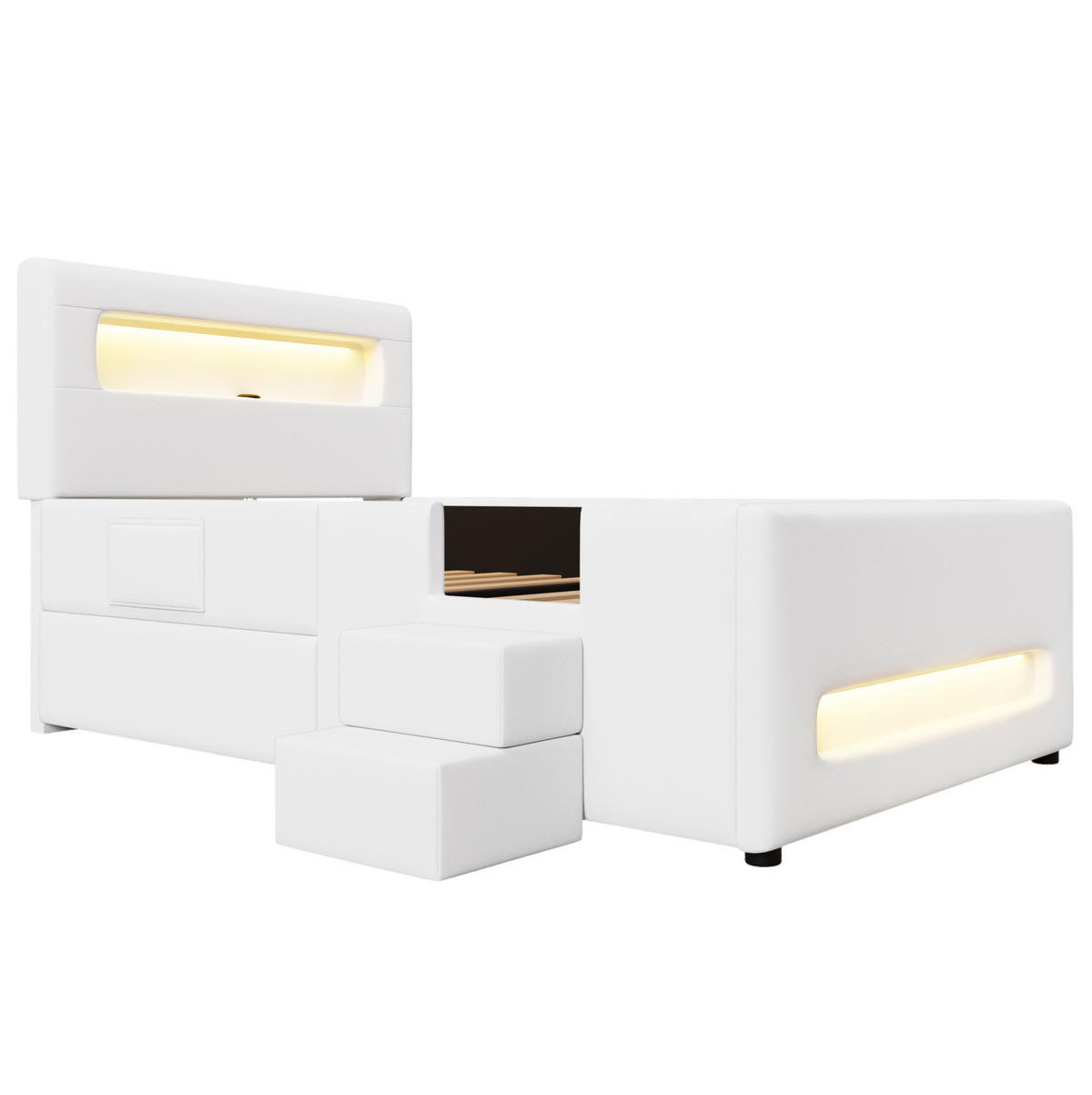 POLSTERBETT 90/200 cm mit LED-Beleuchtung, Treppe, Schublade und PU-Bezug, Weiß - Weiß, Holzwerkstoff (90/200cm) - Redom