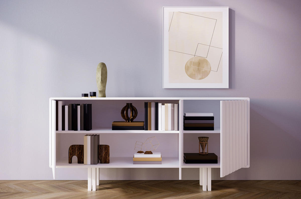 SIDEBOARD Vigge, Schwarz, Push-To-Open System , Lamellen Effekt - Schwarz, Holzwerkstoff/Buchenholz (149/73/40cm) - Skandica