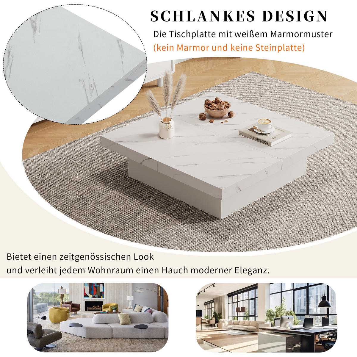 COUCHTISCH in Weiß Couchtisch mit Marmor-Optik und sowie schiebbarer Tischplatte für Wohnzimmer, B90/T90/H25 cm - Weiß, Holzwerkstoff (90/90/25cm) - STILVORA