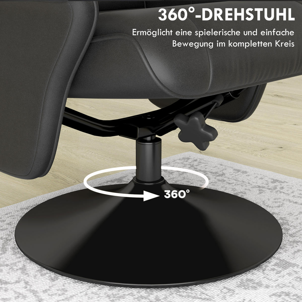 RELAXSESSEL 69/71/104 cm mit Hocker und 360°-Drehfunktion - Schwarz, Textil (71/104/69cm) - BEAOK