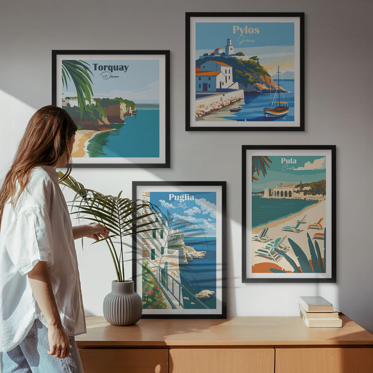 BILDER SET 4er Set - 50x50 cm & 40x60 cm Schwarzer Rahmen - Touristische Küstenlandschaften - Schwarz, Kunststoff (50/50cm) - TULUP
