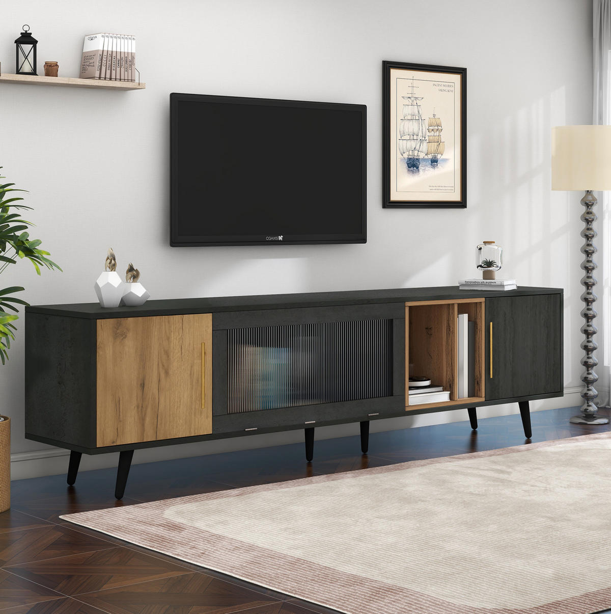 TV ormarić 200/40/55,5 cm sivo-smeđi od MDF-a s Changhong staklom i otvorom za kabele - siva, drvni materijal (200/55.5/40cm) - OKWISH