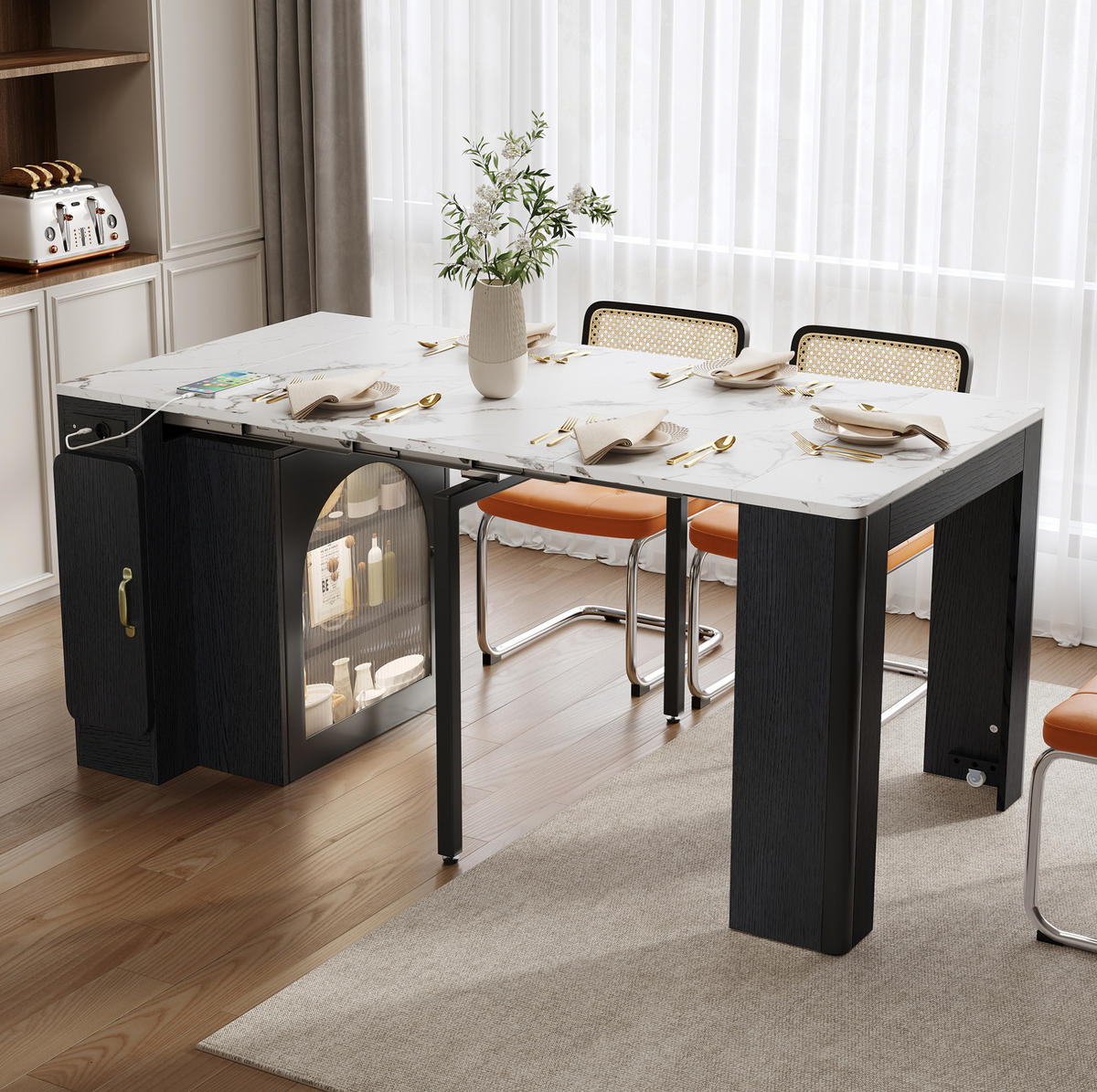 KÜCHENINSEL 83/77/39,6-149,6 cm Weiß/Schwarz aus MDF und Glas mit Ausziehfunktion - Schwarz, Holzwerkstoff (39.6/77/83cm) - OKMYHOME