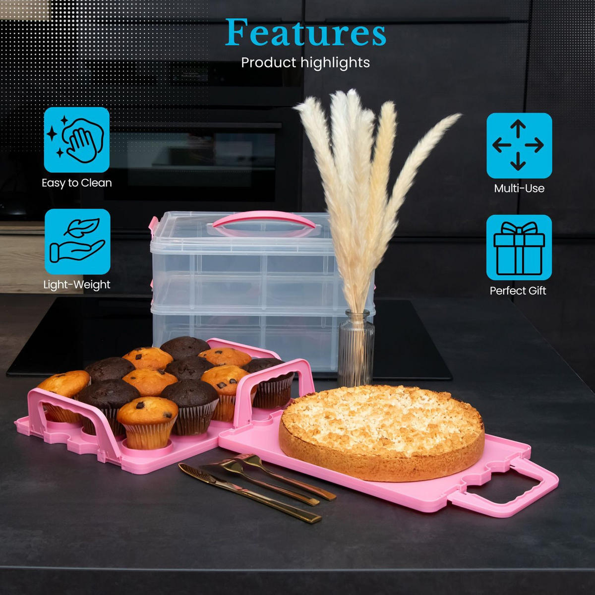 TRANSPORTBOX Behälter Kuchen - Pink, Kunststoff (26.1/21.2/36.1cm) - Intirilife