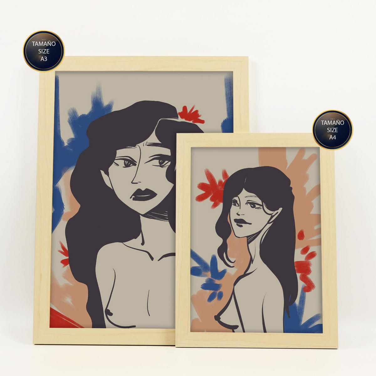 POSTER Set Mit 6 Faszinierende Schönheit In Weibliche Zusammenfassung Ästhetische Dekorative Gemälde Für Ihr Zuhause A3 & A4 Rahmen Aus Hellem Holz - Beige, Papier (29/3cm) - Nacnic