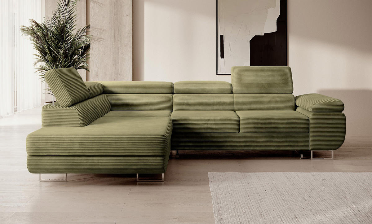 ECKSOFA Stevil Olivgrün Cordbezug - Silberfarben/Olivgrün, Textil/Metall (275/203cm) - Selsey