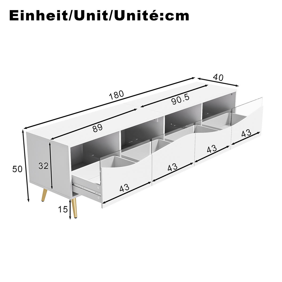 LOWBOARD 180/40/50 cm in Weiß mit LED-Beleuchtung und Glasfront - Weiß, Holzwerkstoff (180/50/40cm) - Flora Grace