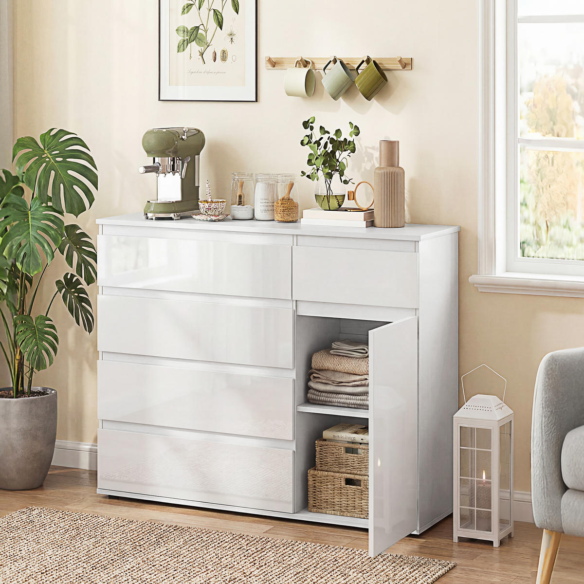 SIDEBOARD Weiß Hochglanz mit 5 Schubladen - Weiß Hochglanz, Holzwerkstoff (100/80/40cm) - PANGIVO