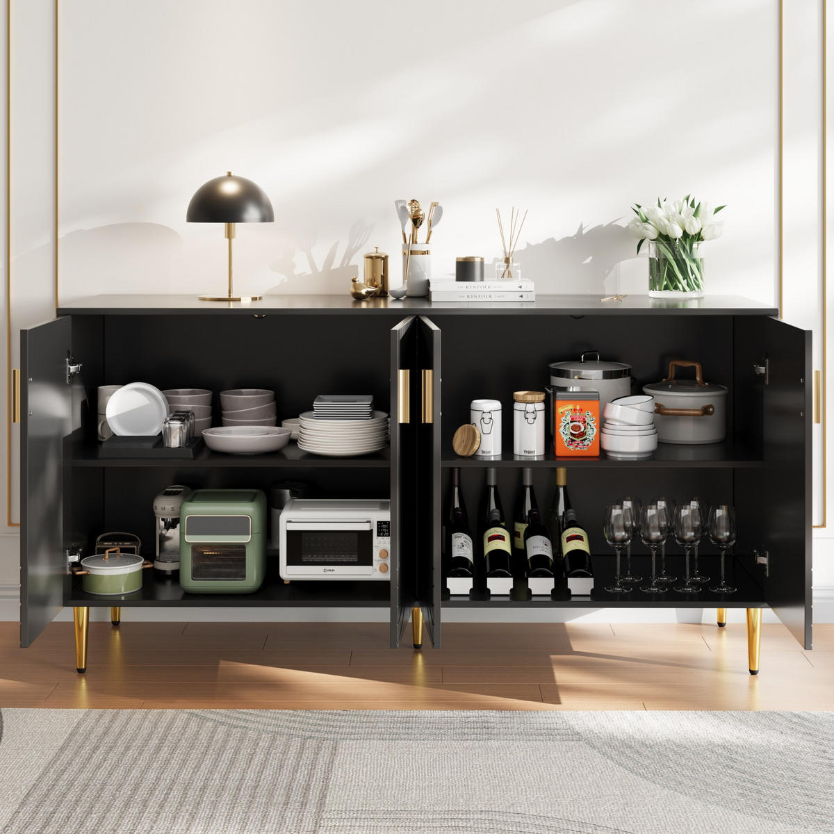 SIDEBOARD aus MDF 152x40x75 cm Schwarz mit Wellenfront und goldfarbenen Griffen - Schwarz, Holzwerkstoff (152/75/40cm) - IVMEU