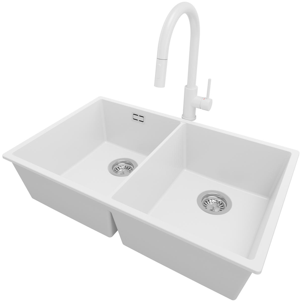 UNTERBAUSPÜLE GRANIT London Twin, 2-er set Weiß 76/47 cm 2 Becken + Küchenarmatur 40/20 cm + Ablauf-Set ab 80er Unterschrank - Chromfarben/Weiß, Kunststoff (76/20/47cm) - Primagran