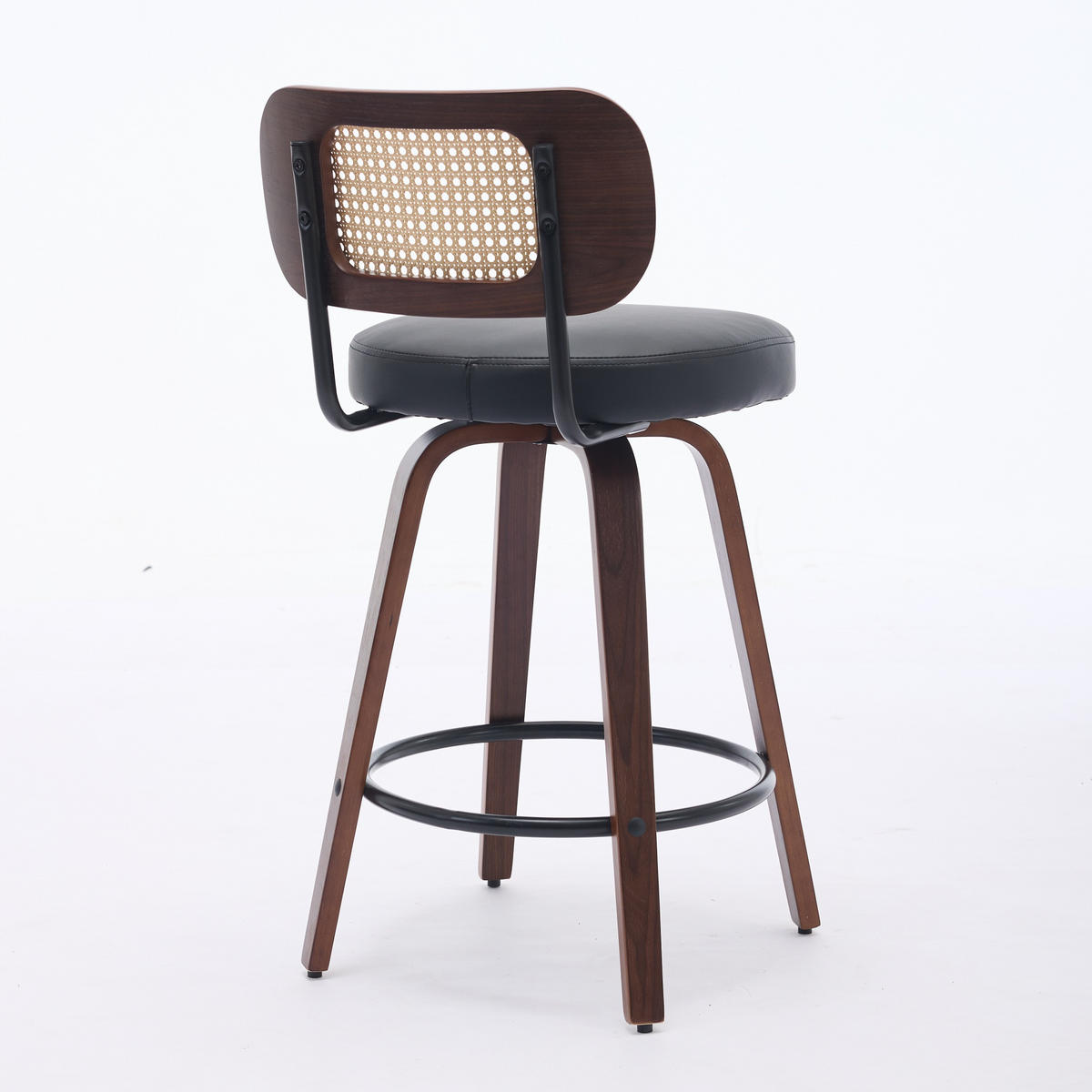 BARHOCKER SET 2 STK. 90 cm Walnuss & Schwarz Drehbare Rattan Barstühle mit Polstersitz - Schwarz, Leder (56/90/43cm) - Urban Meuble