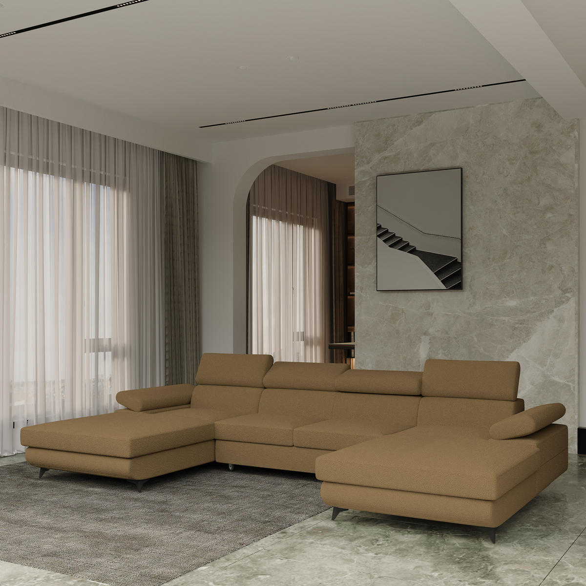 WOHNLANDSCHAFT DETTI Orange Boucle-Stoff mit Schlaffunktion - Orange, Holz (339/89/190cm) - MASSENO