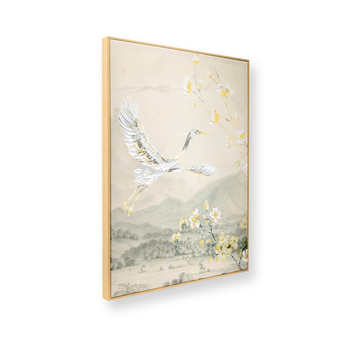 LEINWANDBILD - Kranich mit Blüte - 70x50cm - Beige - Gelb, Holzwerkstoff (50/70cm) - Art for the Home