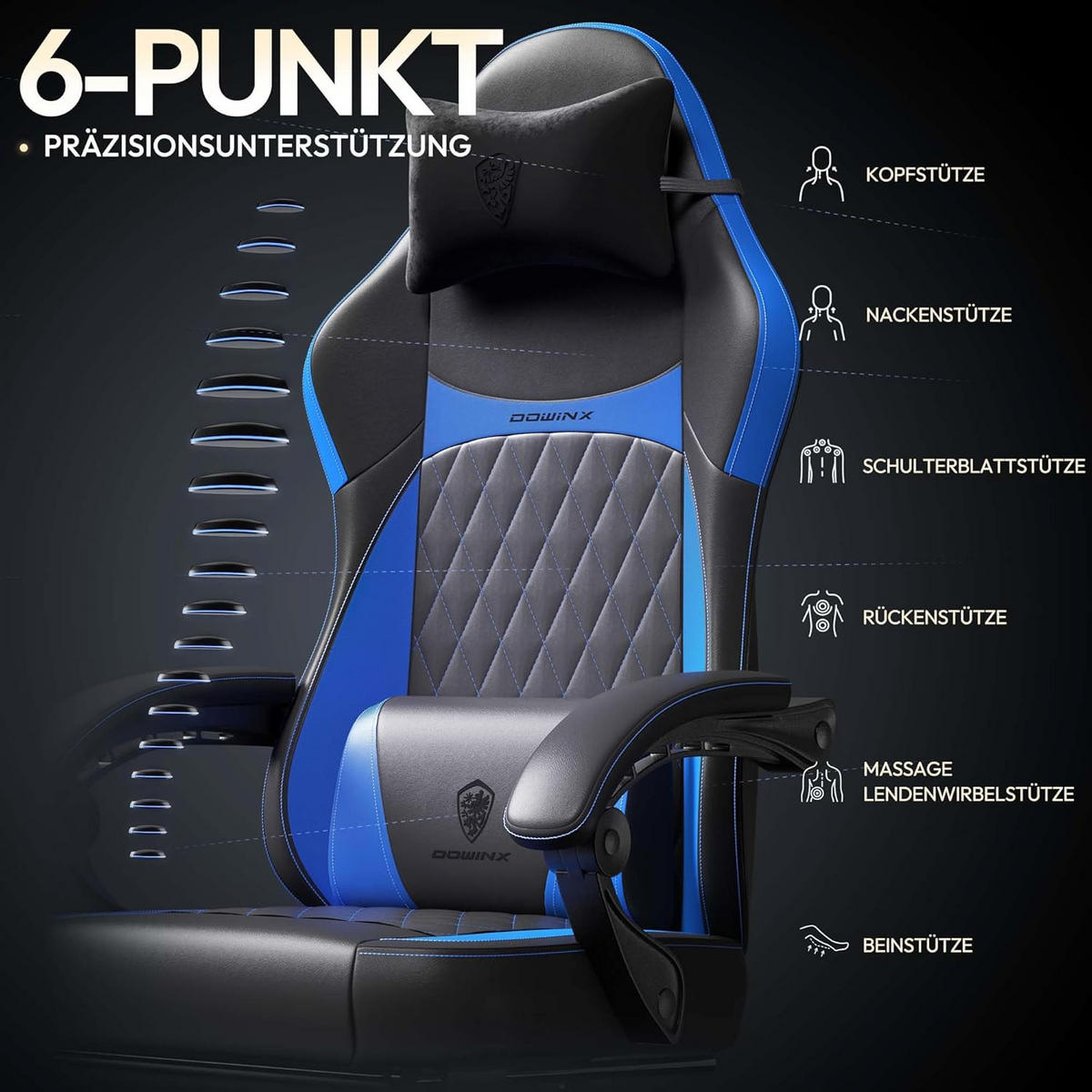 GAMING-STUHL ergonomischer & 150 kg Tragfähigkeit, Fußstütze, PU-Leder - Blau, Leder (65/127/63cm)