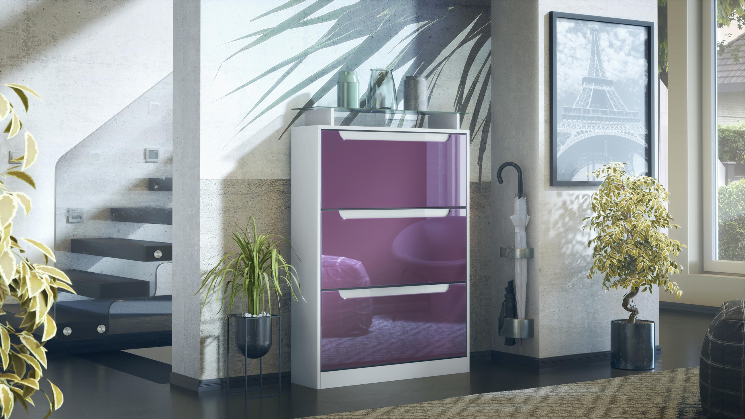 SCHUHSCHRANK Space Brombeer Hochglanz / Weiß Hochglanz - Brombeere, Holzwerkstoff (89/128/23cm) - Vladon
