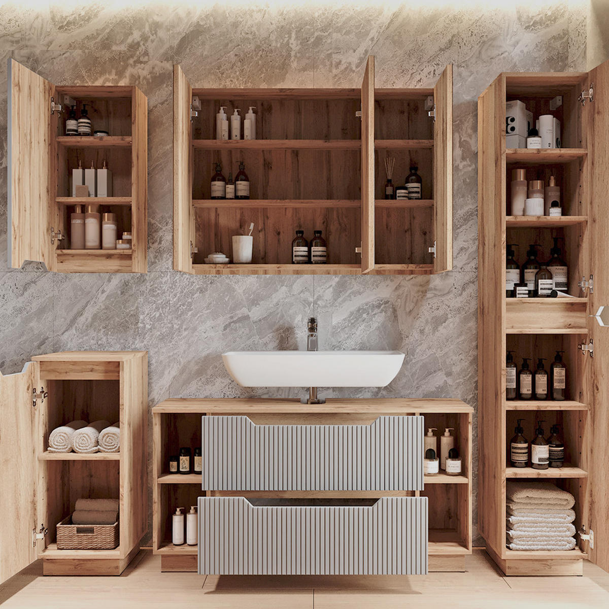 WASCHBECKENUNTERSCHRANK Lotta Eiche/grau gestreift 119.2 x 62.5 cm mit 2 Schubladen - Grau, Holzwerkstoff (119.2/62.5/32cm) - Vicco