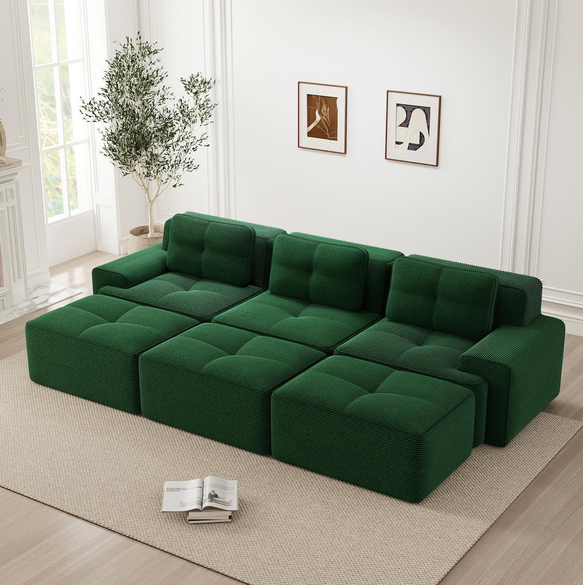 SOFA modular mit Schlaffunktion 74 cm Tiefsitz Cord Green - Grün, Kunststoff (177/69/293cm) - Meubliv