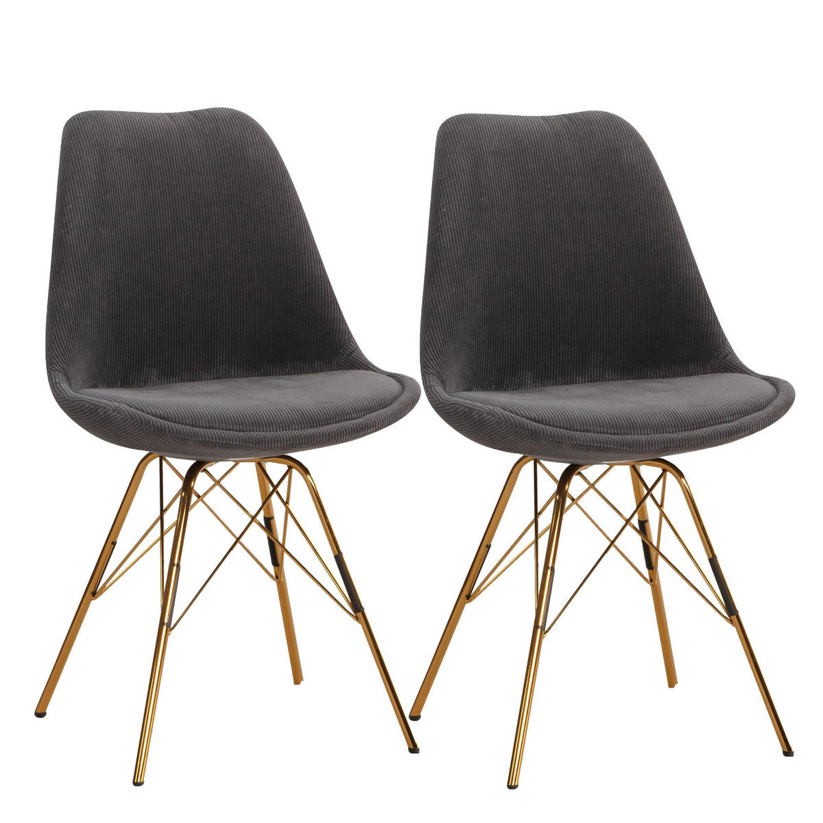 ESSZIMMERSTUHL 2er Set Cordstoff mit Metallgestell Schalenform Skandinavisch gepolstert, Anthrazit 48x58x85 cm - Anthrazit/Goldfarben, Textil/Metall (48/85/58cm) - KADIMA DESIGN