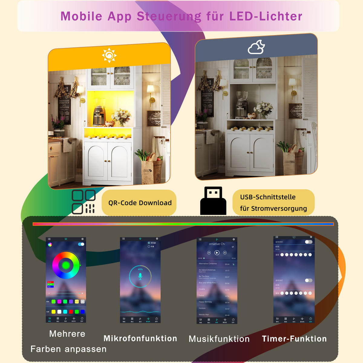 HOCHBUFFETSCHRANK 180cm RGB LED App Glastüren Weinregal Weiß - Weiß, Metall (70/180/38.3cm) - FLIEKS