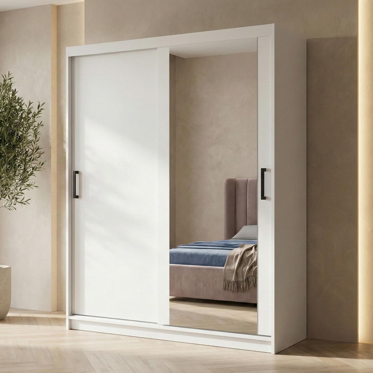 SCHWEBETÜRENSCHRANK Hela 160/205/60 2-türig weiß mit Spiegel - Weiß, Holzwerkstoff (160/205/60cm) - Beautysofa