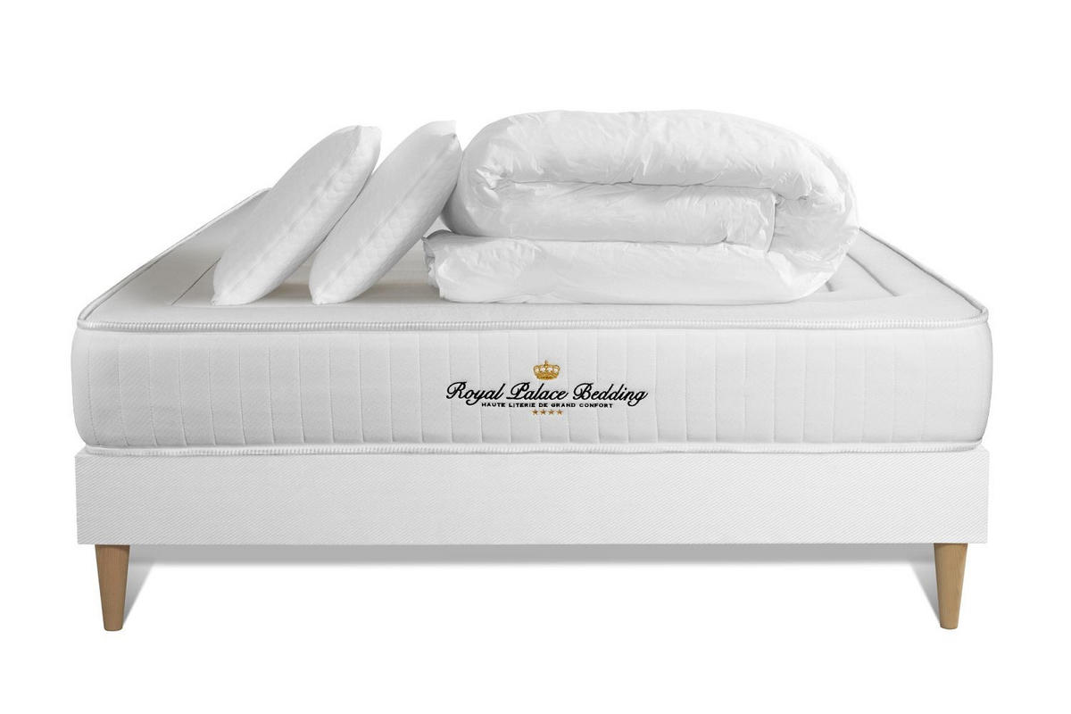 BETT Lancaster Taschenfederkern und Memory-Schaum 200 x 200 cm h3 - Kit Bettgestell Schwarz - Mit Kissen und Bettdecke - Beige/Schwarz, Holz/Textil (200/200cm) - ROYAL PALACE BEDDING