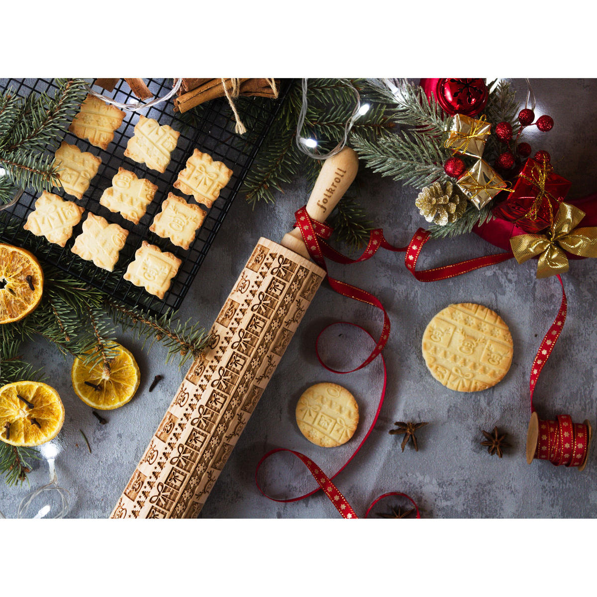 TEIGROLLE Christmas Joy, groß, 43 cm, Buchenholz - Braun, Holz (43cm) - Folkroll