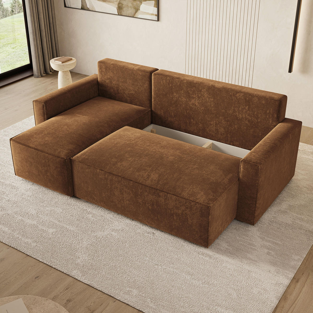 ECKSOFA POTARO LM Hellbraun Chenille mit Schlaffunktion - Hellbraun, Holzwerkstoff/Textil (232/140cm) - MASSENO