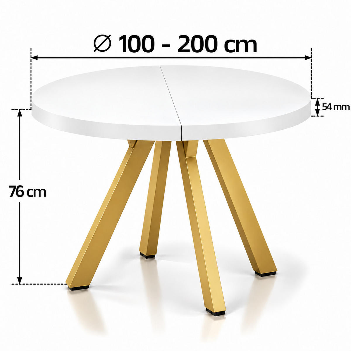 ESSTISCH rund ausziehbar 100/200/76 cm, Weiß, 54 cm Tischplatte + Y Metallgestell Gold - Goldfarben/Weiß, Holzwerkstoff/Metall (100/200/76cm) - Damale Möbel