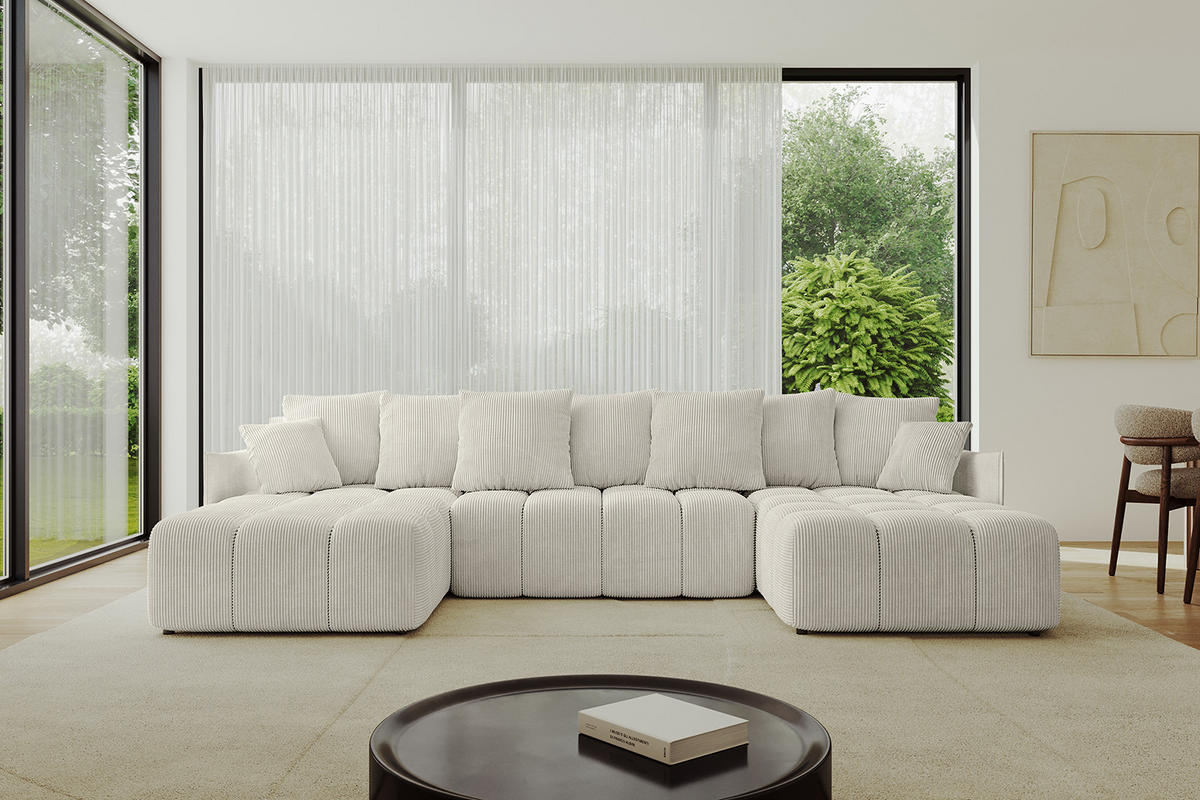 WOHNLANDSCHAFT LONLI-U 355x189x68 Creme Cord - Ecru/Creme, Holzwerkstoff/Kunststoff (355/68/189cm) - ALTDECOR