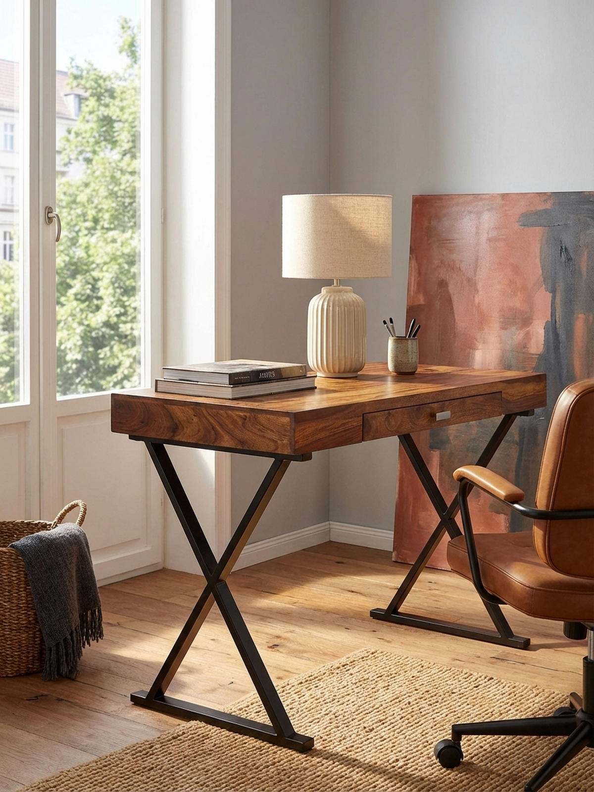 SCHREIBTISCH Massivholz X-Gestell Schublade, Schwarz 120x55x78 cm - Schwarz, Holz/Metall (55/120/78cm) - KADIMA DESIGN