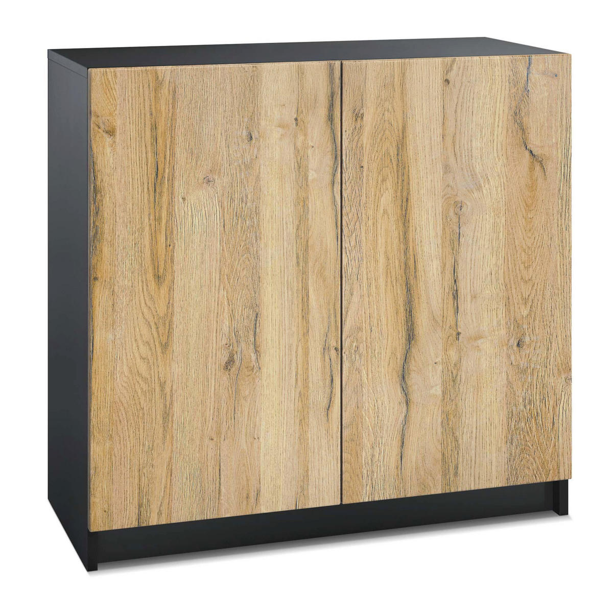 KOMMODE Elona, Büroschrank mit Soft-Close & Push-to-Open, Aktenschrank, Home Office & Büro, Schwarz/Eiche Natur (82 x 78 x 37 cm) - Eiche Wotan, Holzwerkstoff (82/78/37cm) - InnoFurn