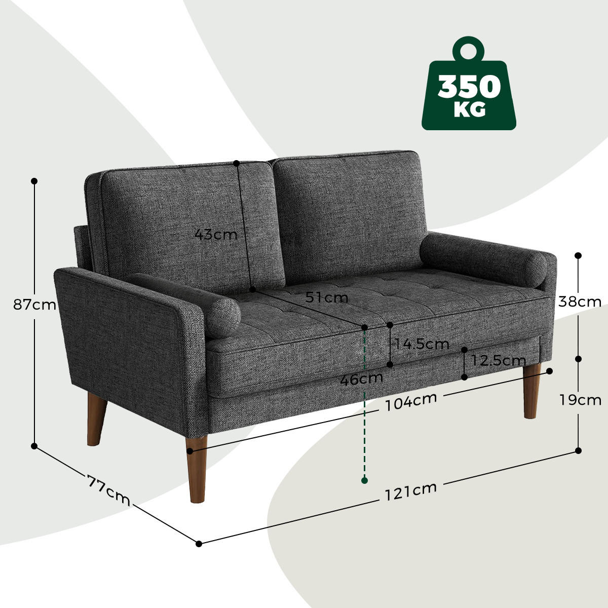 SOFA 2-Sitzer Modernes Kleines Sofa 120 cm,Stoffcouch mit Armlehne Knopf-Design, inkl. 2 Wurfkissen Couch für Wohnzimmer,Gästezimmer,Wohnung,Grau - Grau, Textil (51/46/121cm)