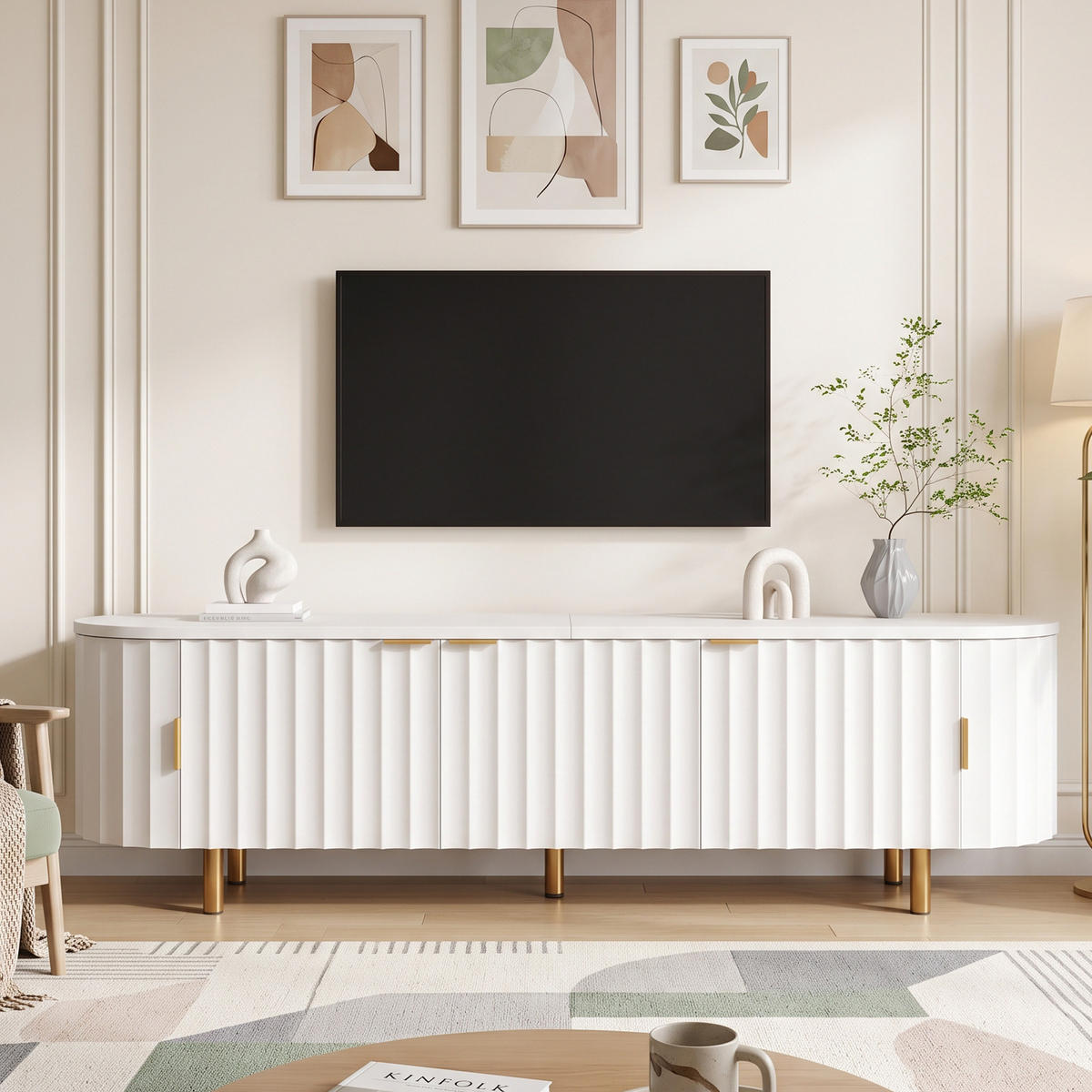 TV-LOWBOARD 170cm MDF Weiß Riffel-Optik 5 Türen Eisenfüße & Griffe - Weiß, Holzwerkstoff (170/47/40cm) - Urban Meuble