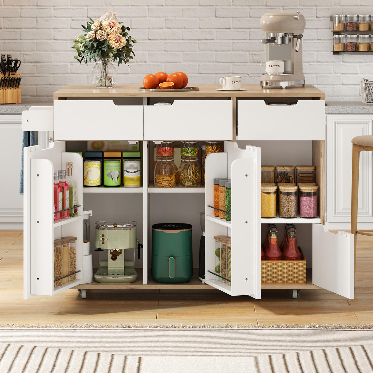 KÜCHENINSEL in Weiß Servierwagen mit Schubladen und 360°-Lenkrollen für Küche und Wohnzimmer, B120/T46/H85 cm - Weiß, Holzwerkstoff/Metall (120/85/46cm) - STILVORA
