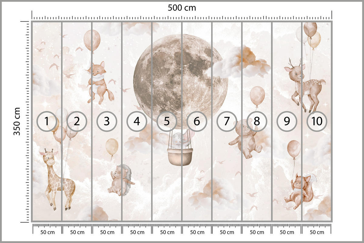 FOTOTAPETE für Kinderzimmer Mond Ballons Bär Rehkitz Giraffe Wolken 500x350 - Beige/Rosa, Papier (500/350cm) - Muralo