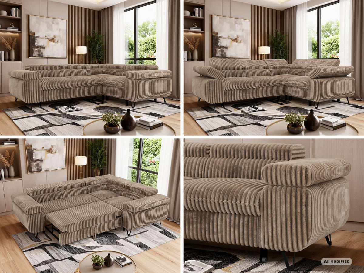 ECKSOFA FALCO L - Braun Cord - Rechts Seite - Schwarz/Braun, Textil/Metall (268/197cm) - MKS