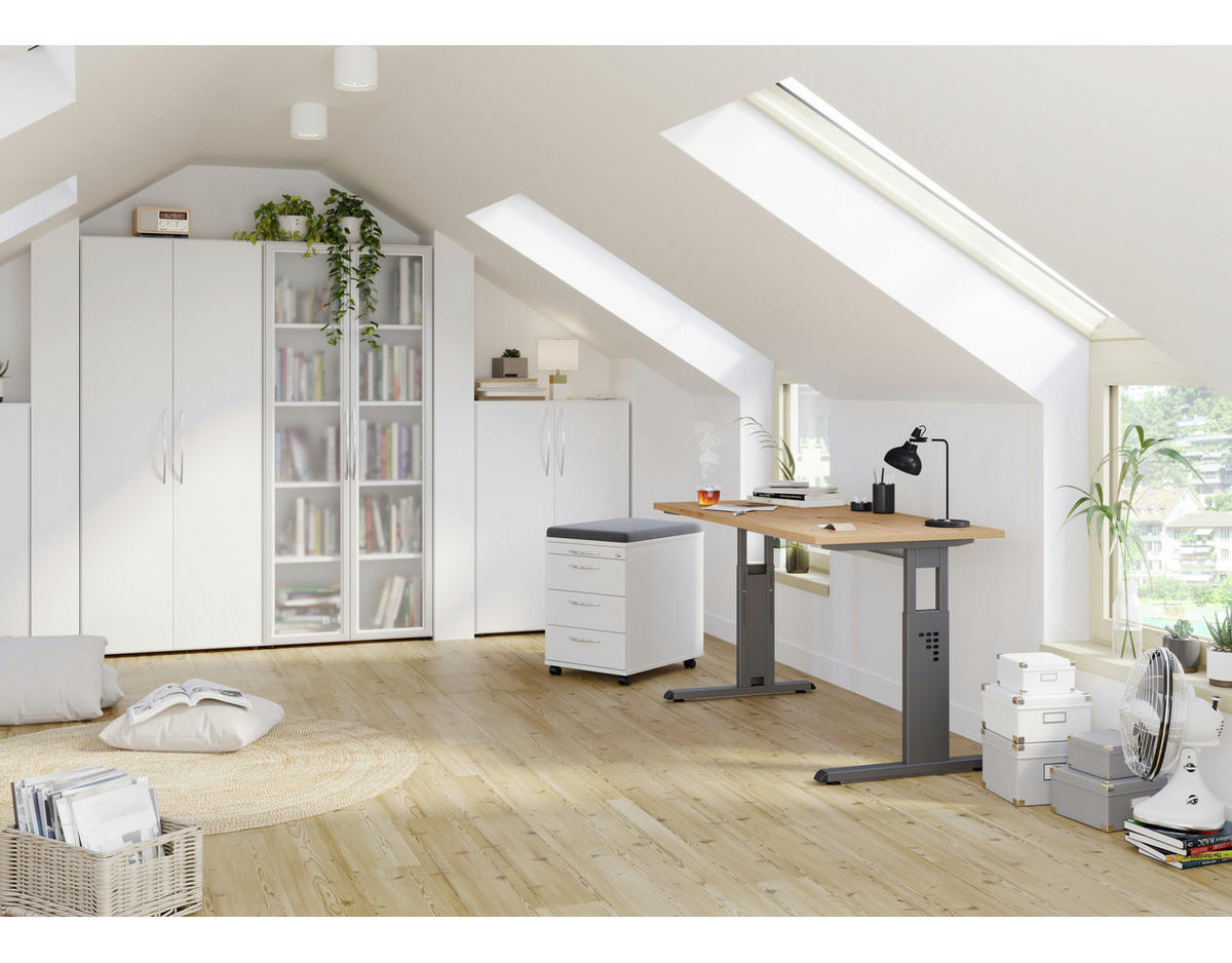 BÜROMÖBEL Basic Office in Weiß mit Elementen in Asteiche-Dekor und in Graphit 6 teilig - Weiß, Holzwerkstoff (120/80/200cm)