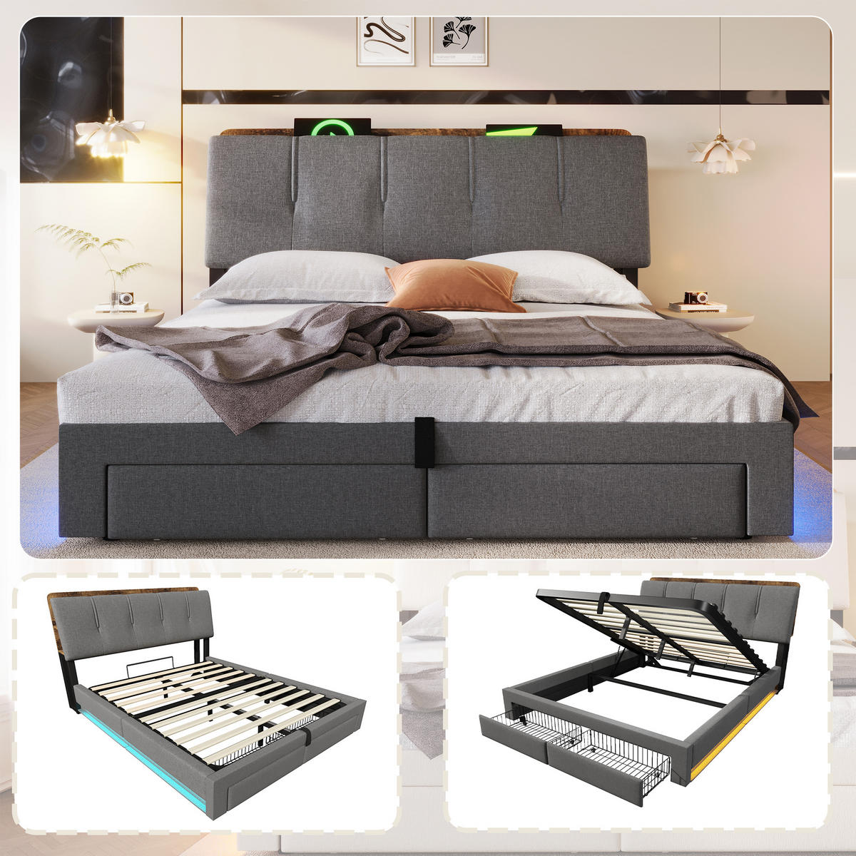 POLSTERBETT 140/200 cm Grau mit USB-Typ-C-Ladeanschluss, LED-Beleuchtung und 2 Schubladen - Grau, Textil (140/200cm) - Oxeza