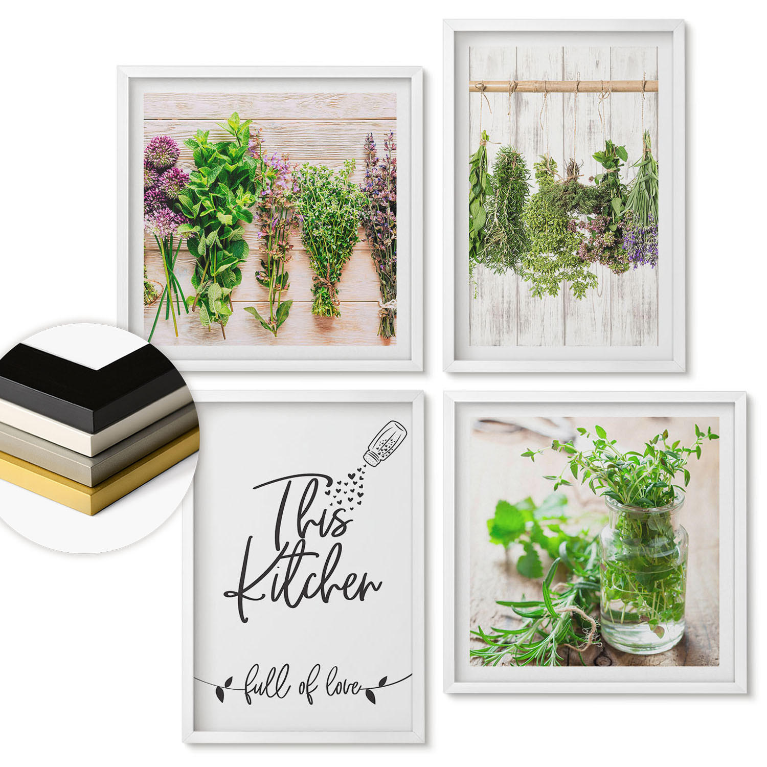WANDBILDER 4er-Set - 50x50 cm & 40x60 cm Weißer Rahmen - Kräuterpflanzen zum Trocknen in der Küche - Weiß, Kunststoff (50/50cm) - ArtPrintCave