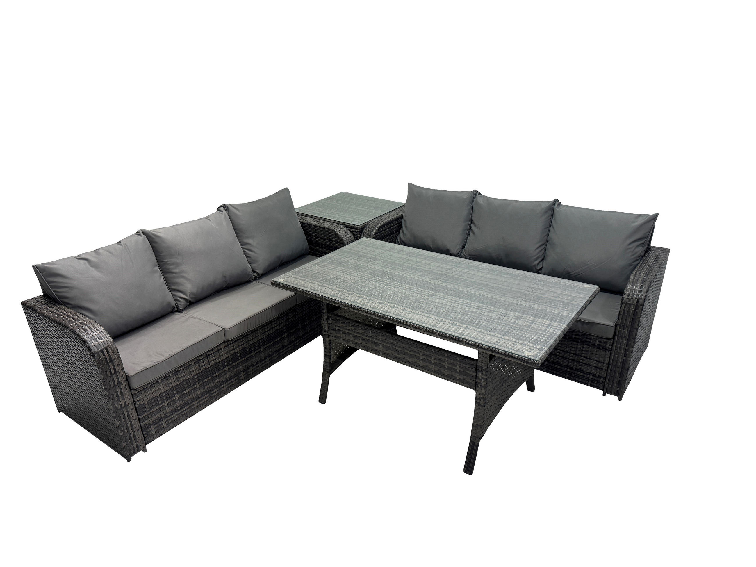 GARTENTISCHGRUPPE mit Beistelltisch Polyrattan Dunkelgrau 6-Sitzer - Dunkelgrau/Grau, Glas/Kunststoff - Fimous