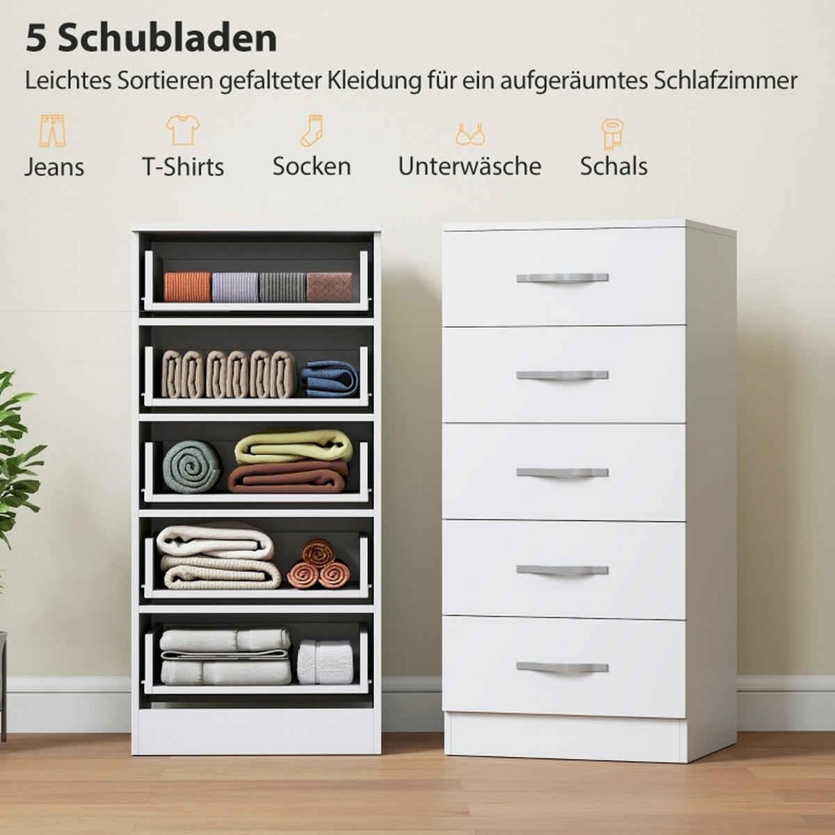 SCHUBLADENKOMMODE 40/35/85 cm mit 5 Schubladen und silberfarbenen Griffen - Weiß, Holz (40/85/35cm) - BEAOK