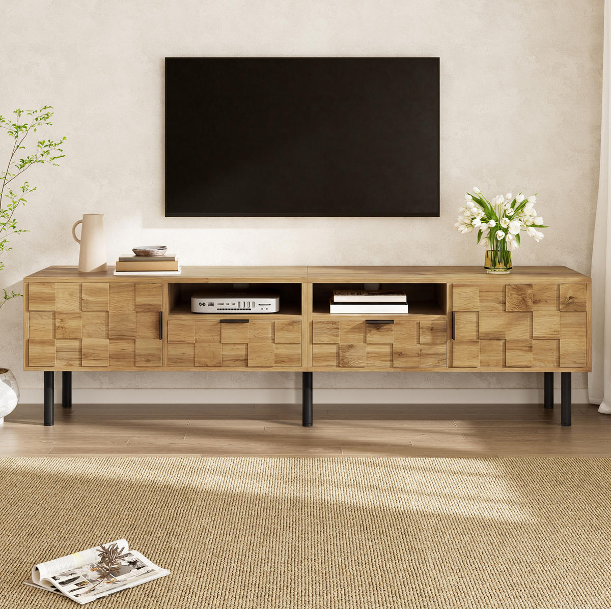 TV-LOWBOARD 160/35/42,5 cm natur schwarz aus Spanplatte mit Mosaik-Fronten - Naturfarben, Holzwerkstoff (35/42.5/160cm) - OKWISH