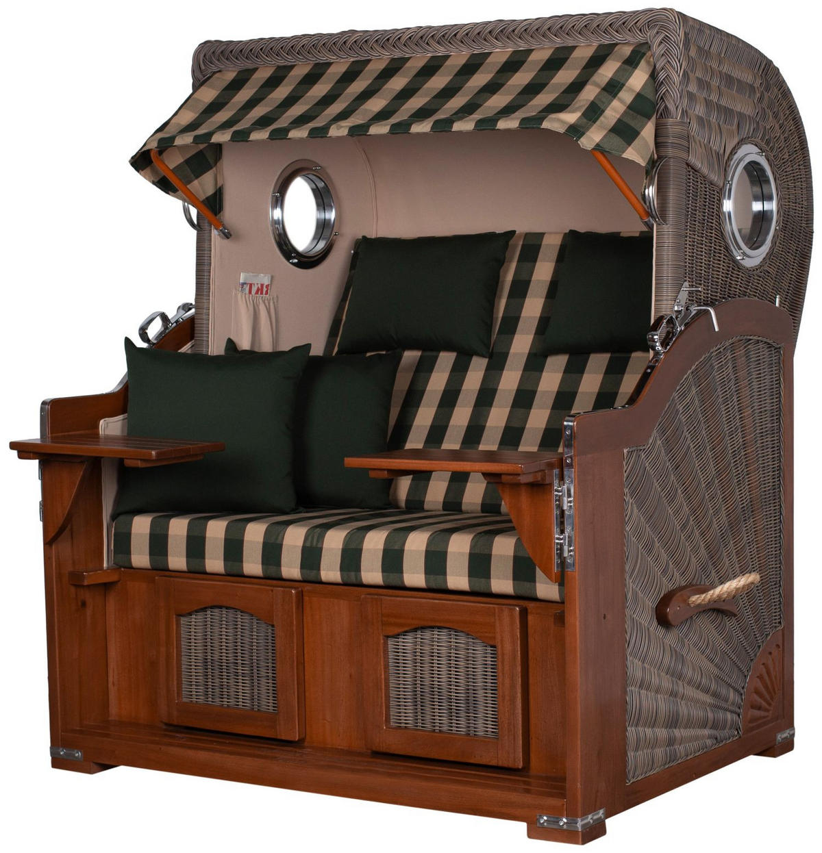 STRANDKORB Komplettset: Ammersee Grande XL Mahagoni Bullauge - PE grau - Modell 506 - Beige/Grün, Holz/Kunststoff (142/165/95cm) - bene living