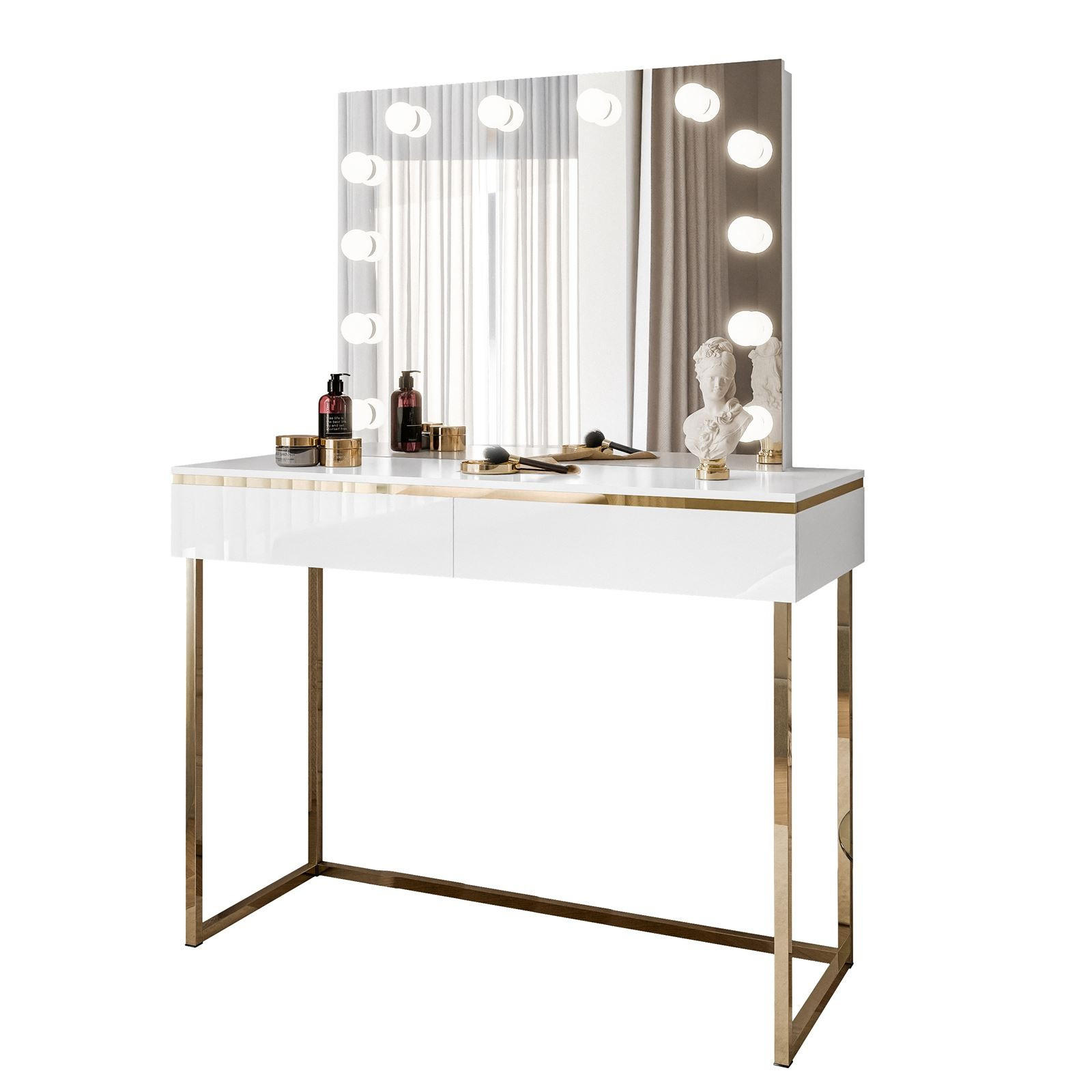 SCHMINKTISCH AURORA GOLD ELITE in Weiß hochglanz mit Spiegel - Weiß Hochglanz/Goldfarben, Holzwerkstoff/Metall (102/144/44cm) - Lookway