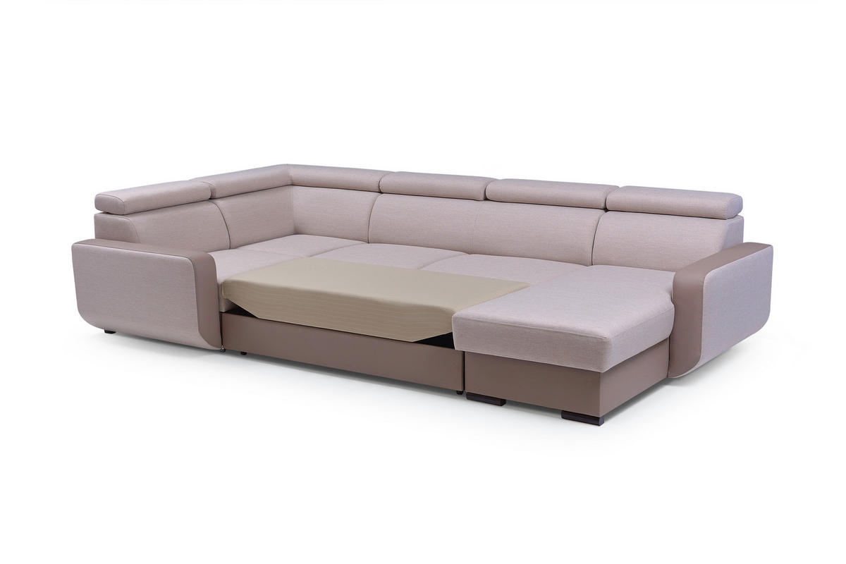 WOHNLANDSCHAFT PALAZZO Beige Geflochtener Stoff mit Schlaffunktion - Beige, Holz (337/97/184cm) - MASSENO