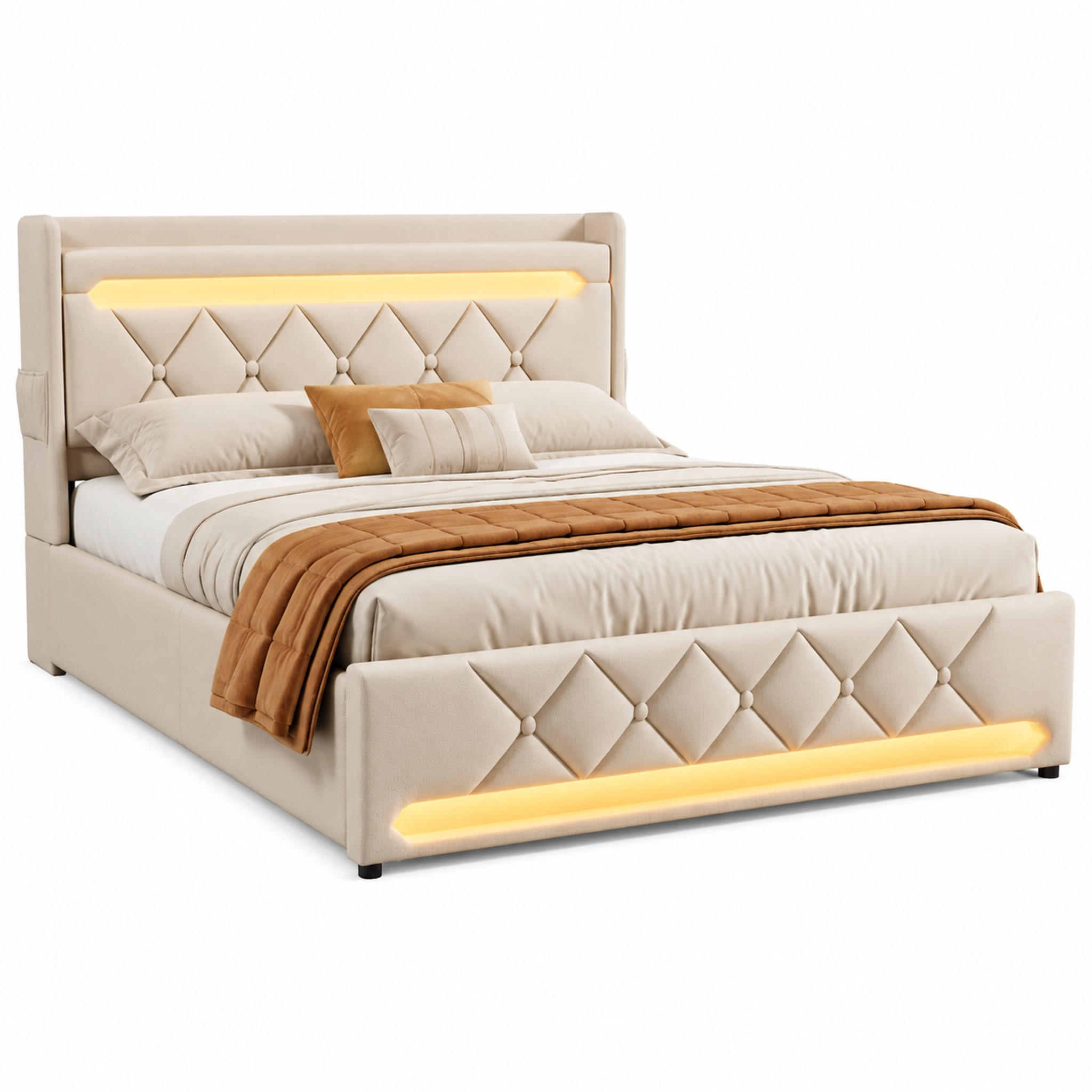 BETT mit Stauraum und LED 180x200 cm Leinen Beige - Beige, Metall (180/200cm) - Meubliv