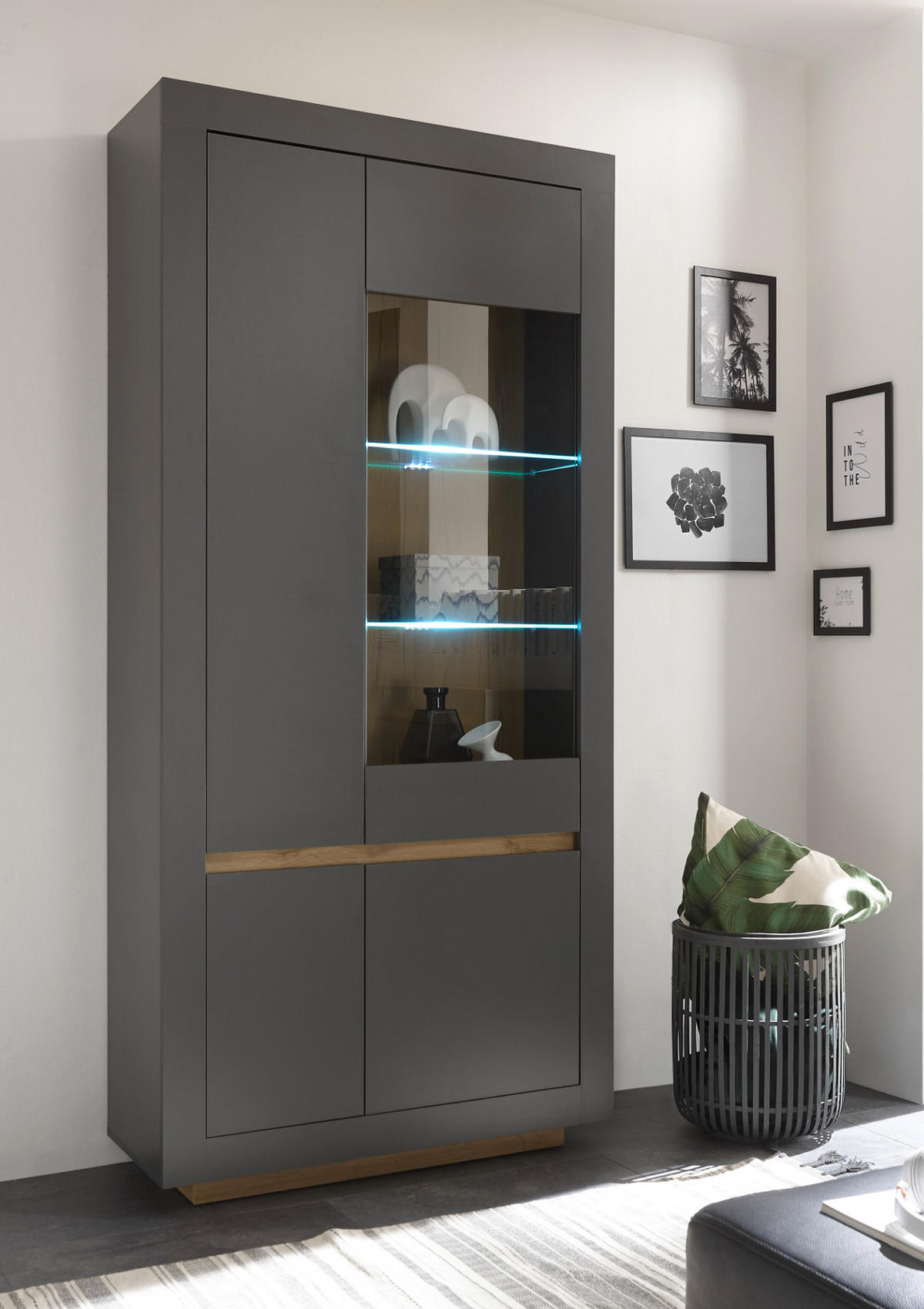 VITRINE anthrazit, Wotan Eiche, Vitrinenschrank 96 x 206 cm mit 10 Fächern - Eichefarben/Anthrazit, Glas/Eichenholz (96/206/38cm) - Furn.Design