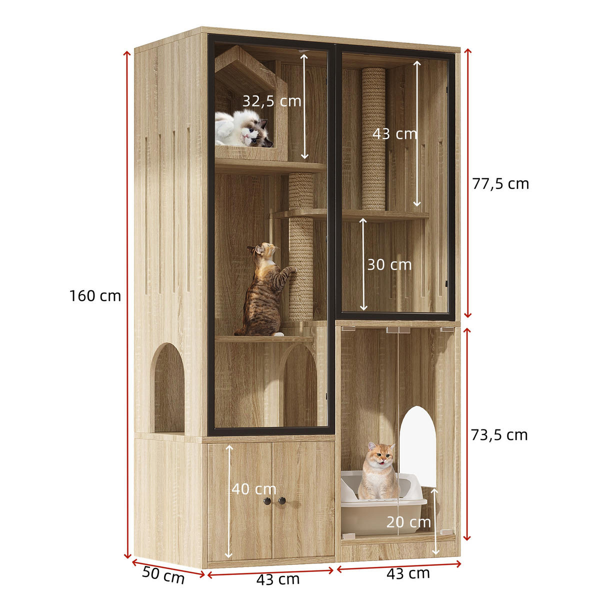 VITRINE Naturfarben aus MDF & Glas 90×50×160cm als Katzenvilla mit Panoramatür und Kratzpfosten - Naturfarben, Holzwerkstoff (50/160/90cm) - Luhomfu